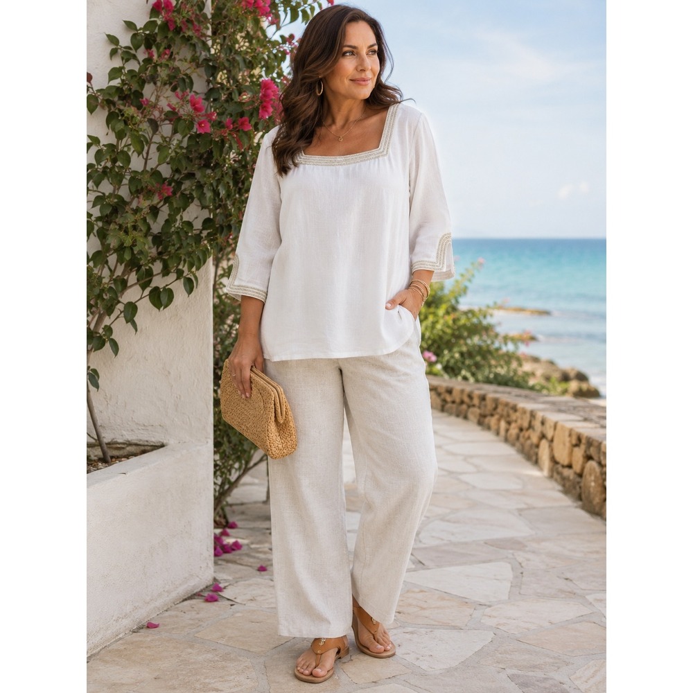 JM Collection Womens XXL White Linen Blend Embroidered Square Neck Blouse New